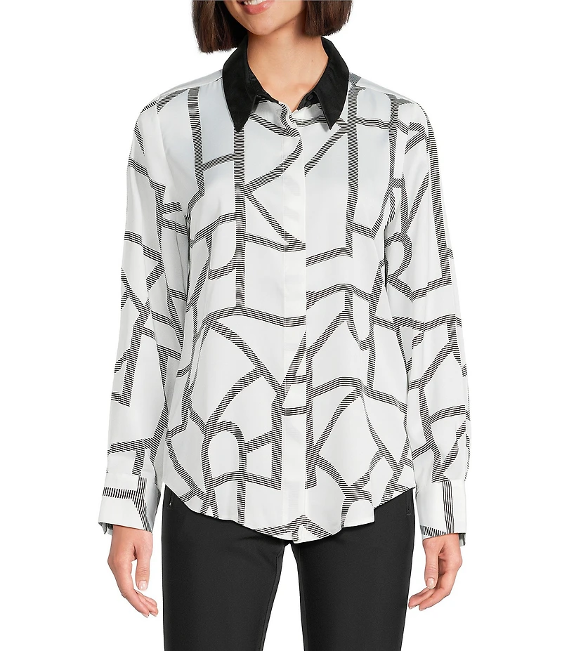 KARL LAGERFELD PARIS Woven Printed Point Collar Long Sleeve Button Down Blouse