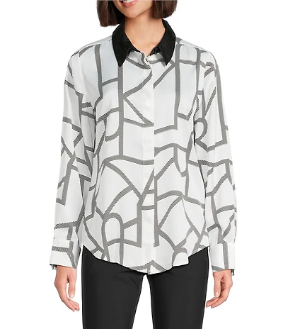 KARL LAGERFELD PARIS Woven Printed Point Collar Long Sleeve Button Down Blouse