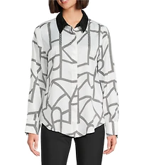 KARL LAGERFELD PARIS Woven Printed Point Collar Long Sleeve Button Down Blouse
