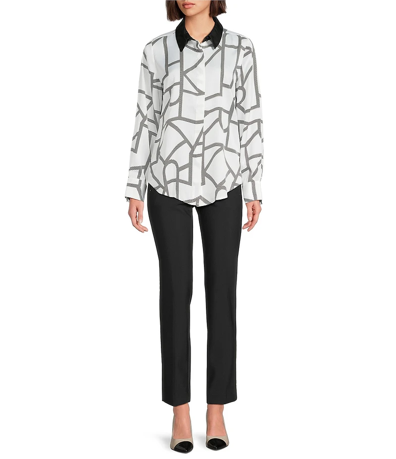 KARL LAGERFELD PARIS Woven Printed Point Collar Long Sleeve Button Down Blouse