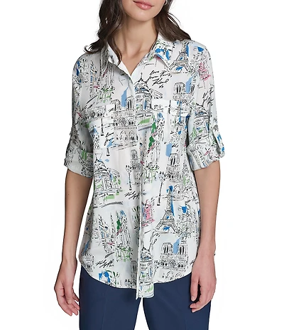 KARL LAGERFELD PARIS Woven Printed Point Collar Long Sleeve Shirt