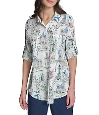 KARL LAGERFELD PARIS Woven Printed Point Collar Long Sleeve Shirt