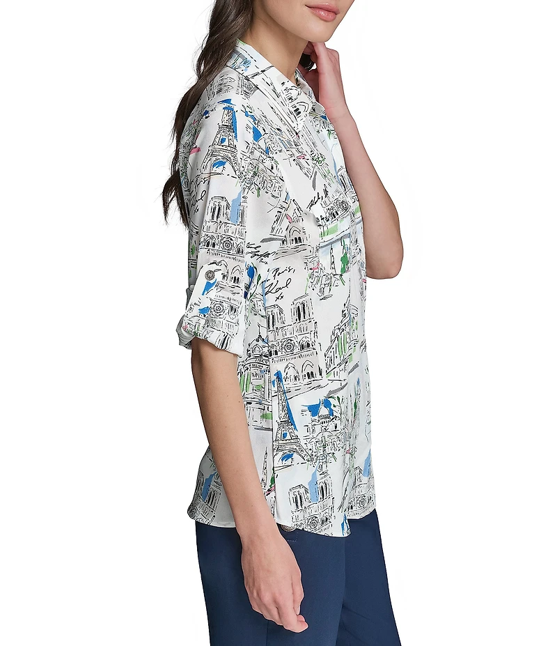 KARL LAGERFELD PARIS Woven Printed Point Collar Long Sleeve Shirt