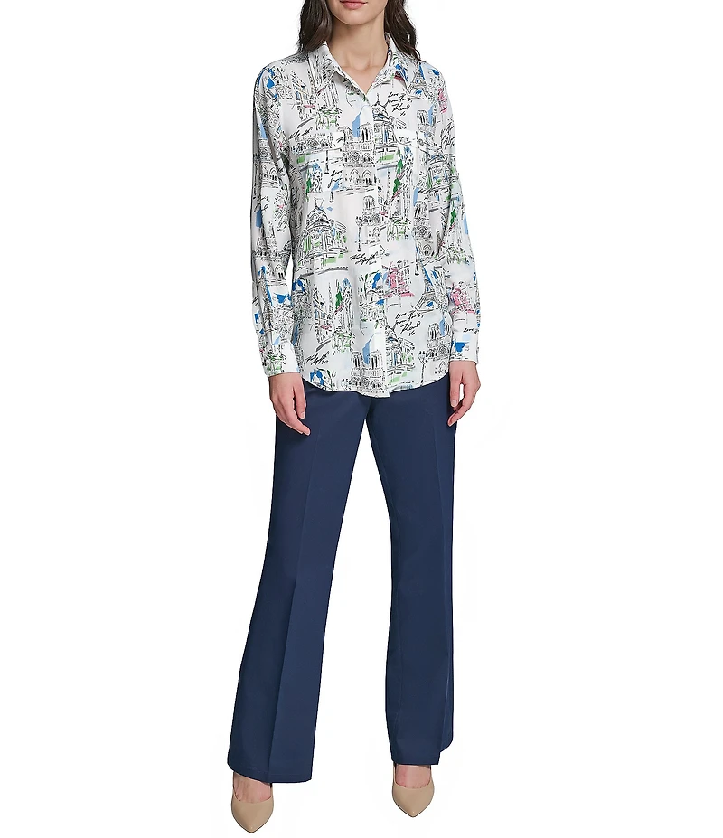 KARL LAGERFELD PARIS Woven Printed Point Collar Long Sleeve Shirt