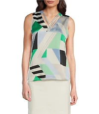 KARL LAGERFELD PARIS Woven Printed V-Neck Crisscross Sleeveless Top