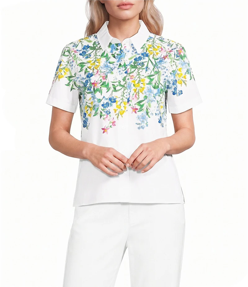 KARL LAGERFELD PARIS Woven Sateen Floral Print Point Collar Short Sleeve Blouse