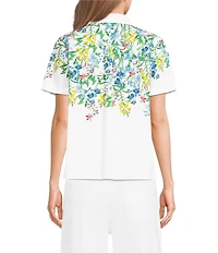 KARL LAGERFELD PARIS Woven Sateen Floral Print Point Collar Short Sleeve Blouse