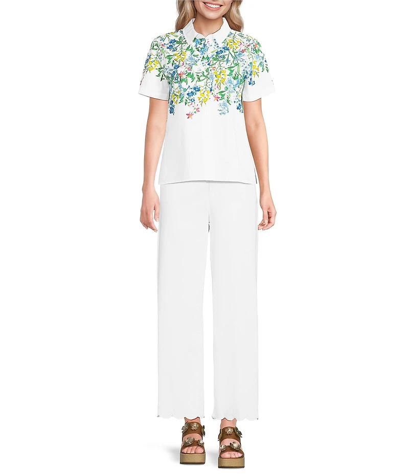 KARL LAGERFELD PARIS Woven Sateen Floral Print Point Collar Short Sleeve Blouse