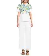 KARL LAGERFELD PARIS Woven Sateen Floral Print Point Collar Short Sleeve Blouse
