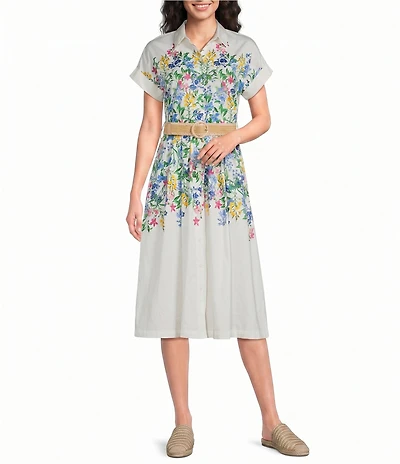 KARL LAGERFELD PARIS Woven Sateen Floral Print Point Collar Short Sleeve Shirt Dress