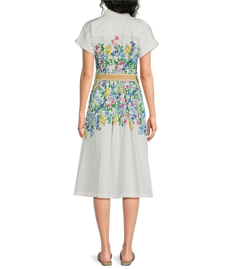 KARL LAGERFELD PARIS Woven Sateen Floral Print Point Collar Short Sleeve Shirt Dress