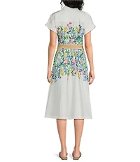 KARL LAGERFELD PARIS Woven Sateen Floral Print Point Collar Short Sleeve Shirt Dress