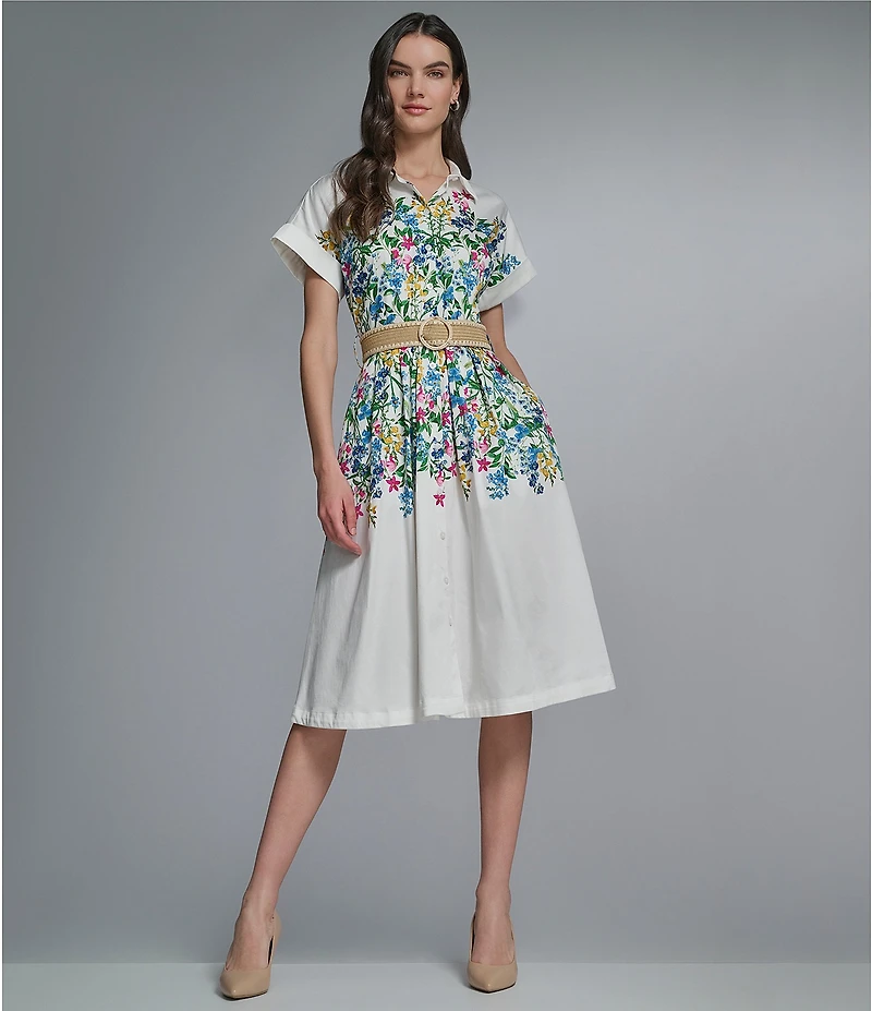 KARL LAGERFELD PARIS Woven Sateen Floral Print Point Collar Short Sleeve Shirt Dress