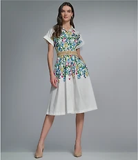 KARL LAGERFELD PARIS Woven Sateen Floral Print Point Collar Short Sleeve Shirt Dress