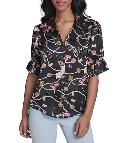 KARL LAGERFELD PARIS Woven Satin-Crepe Print Point Collar Short Sleeve Top