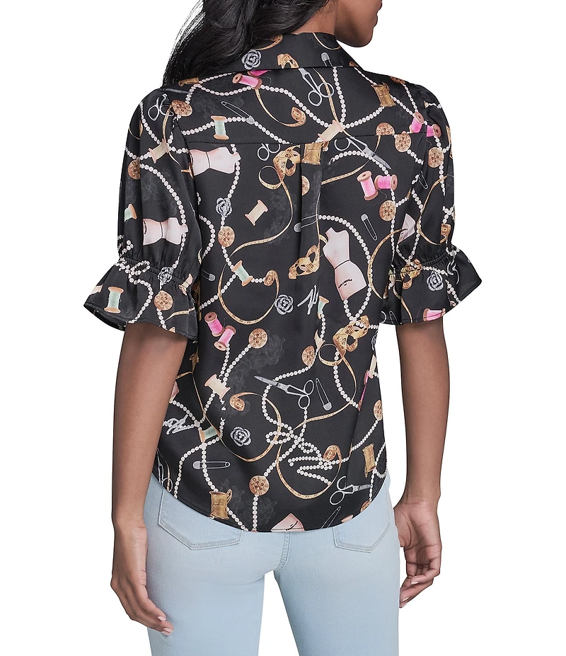 KARL LAGERFELD PARIS Woven Satin-Crepe Print Point Collar Short Sleeve Top