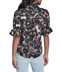 KARL LAGERFELD PARIS Woven Satin-Crepe Print Point Collar Short Sleeve Top