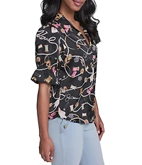 KARL LAGERFELD PARIS Woven Satin-Crepe Print Point Collar Short Sleeve Top