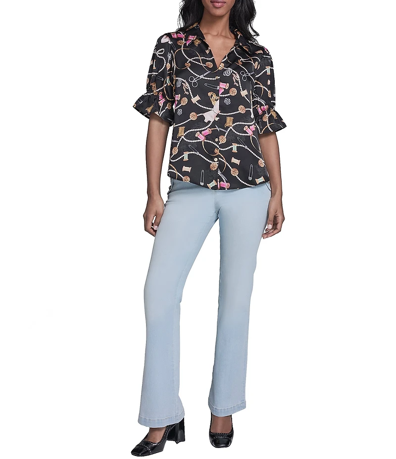 KARL LAGERFELD PARIS Woven Satin-Crepe Print Point Collar Short Sleeve Top