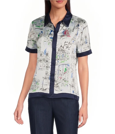 KARL LAGERFELD PARIS Woven Satin Crepe Printed Point Collar Short Sleeve Top
