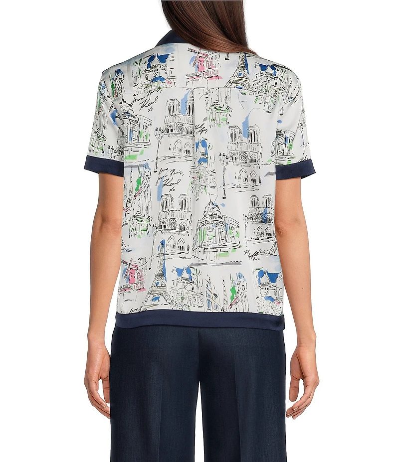 KARL LAGERFELD PARIS Woven Satin Crepe Printed Point Collar Short Sleeve Top