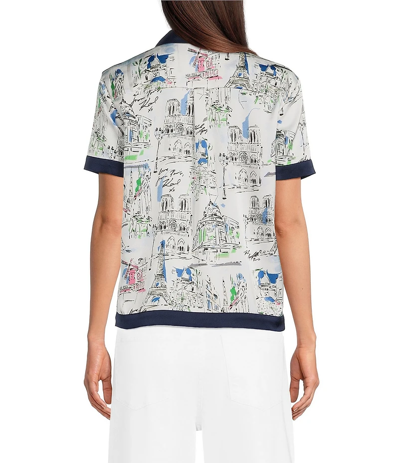 KARL LAGERFELD PARIS Woven Satin Crepe Printed Point Collar Short Sleeve Top