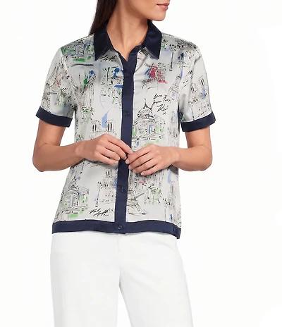 KARL LAGERFELD PARIS Woven Satin Crepe Printed Point Collar Short Sleeve Top