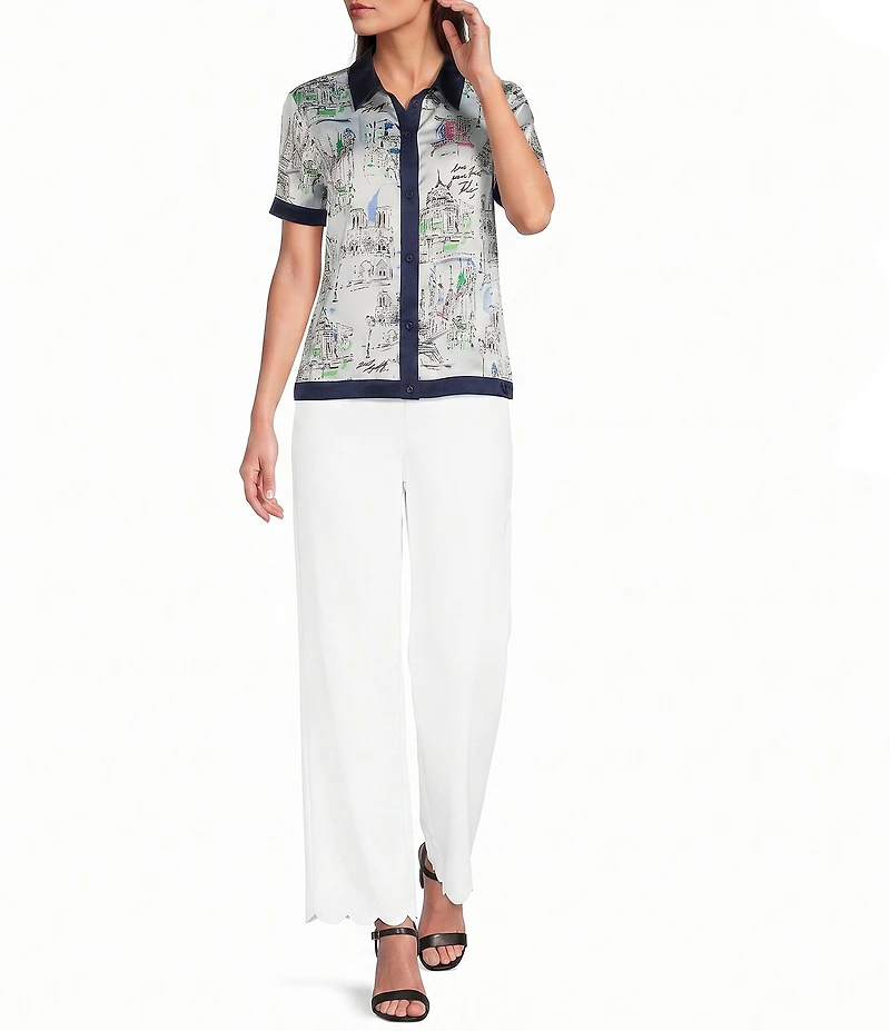 KARL LAGERFELD PARIS Woven Satin Crepe Printed Point Collar Short Sleeve Top