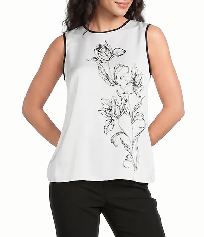 KARL LAGERFELD PARIS Woven Satin Print Crew Neck Sleeveless Blouse