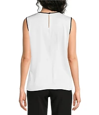 KARL LAGERFELD PARIS Woven Satin Print Crew Neck Sleeveless Blouse