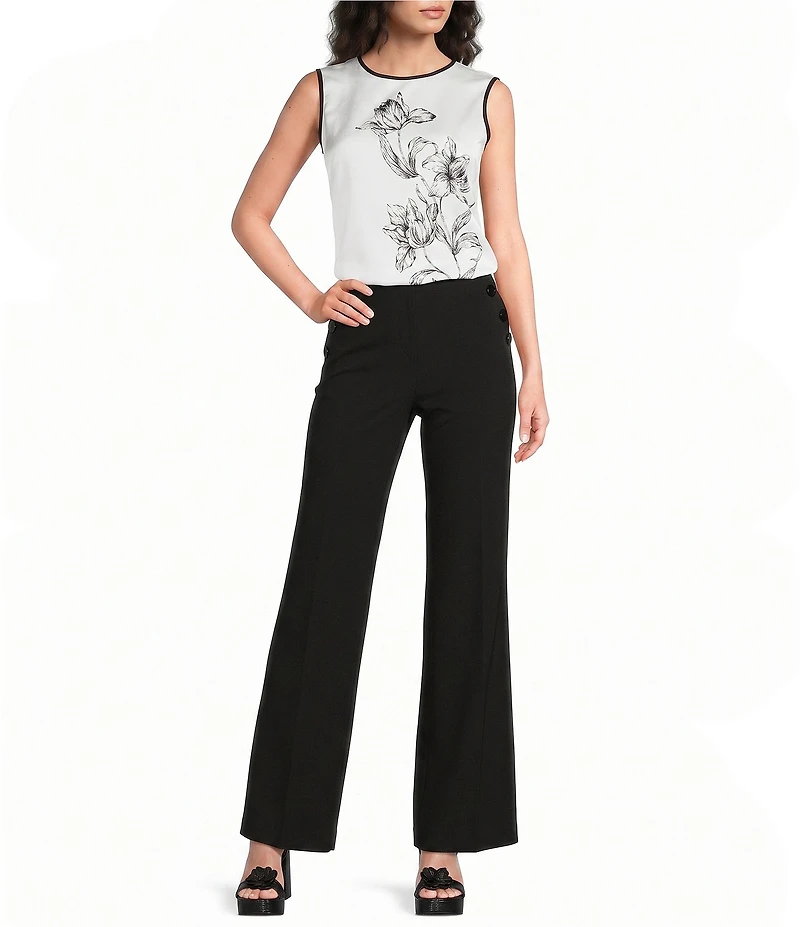 KARL LAGERFELD PARIS Woven Satin Print Crew Neck Sleeveless Blouse