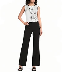 KARL LAGERFELD PARIS Woven Satin Print Crew Neck Sleeveless Blouse