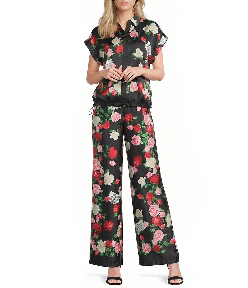 KARL LAGERFELD PARIS Woven Satin Print Floral Point Collar Cap Sleeve Blouse