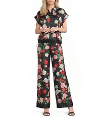 KARL LAGERFELD PARIS Woven Satin Print Floral Point Collar Cap Sleeve Blouse
