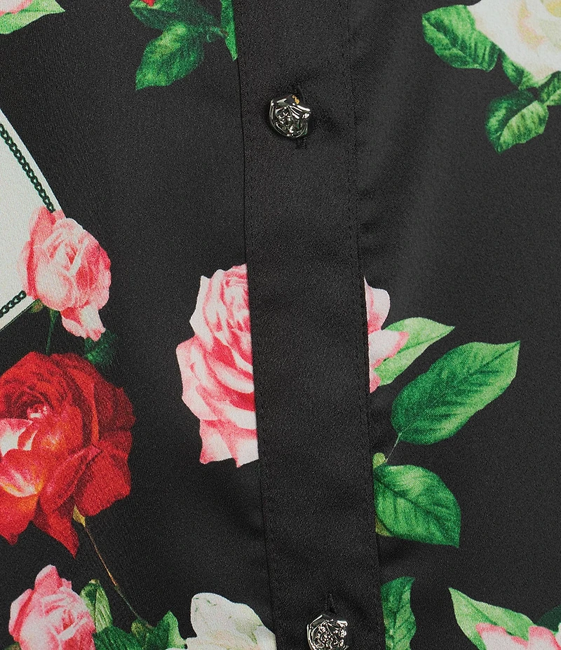 KARL LAGERFELD PARIS Woven Satin Print Floral Point Collar Cap Sleeve Blouse