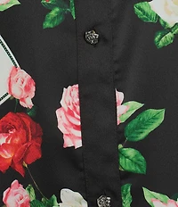 KARL LAGERFELD PARIS Woven Satin Print Floral Point Collar Cap Sleeve Blouse