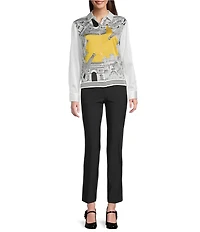 KARL LAGERFELD PARIS Woven Satin Printed Point Collar Long Sleeve Button Down Blouse