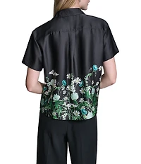 KARL LAGERFELD PARIS Woven Satin Printed Point Collar Short Sleeve Top