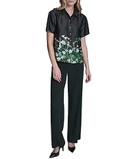 KARL LAGERFELD PARIS Woven Satin Printed Point Collar Short Sleeve Top