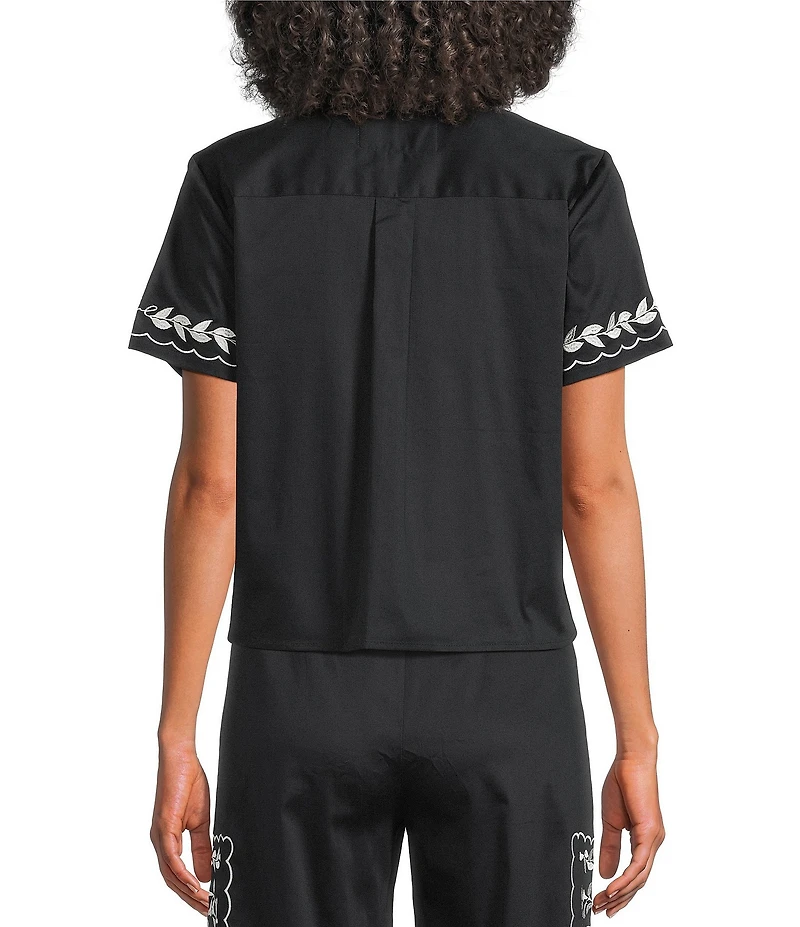 KARL LAGERFELD PARIS Woven Silky Crepe Point Collar Short Sleeve Belted Shirt