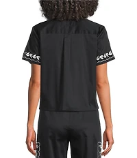 KARL LAGERFELD PARIS Woven Silky Crepe Point Collar Short Sleeve Belted Shirt