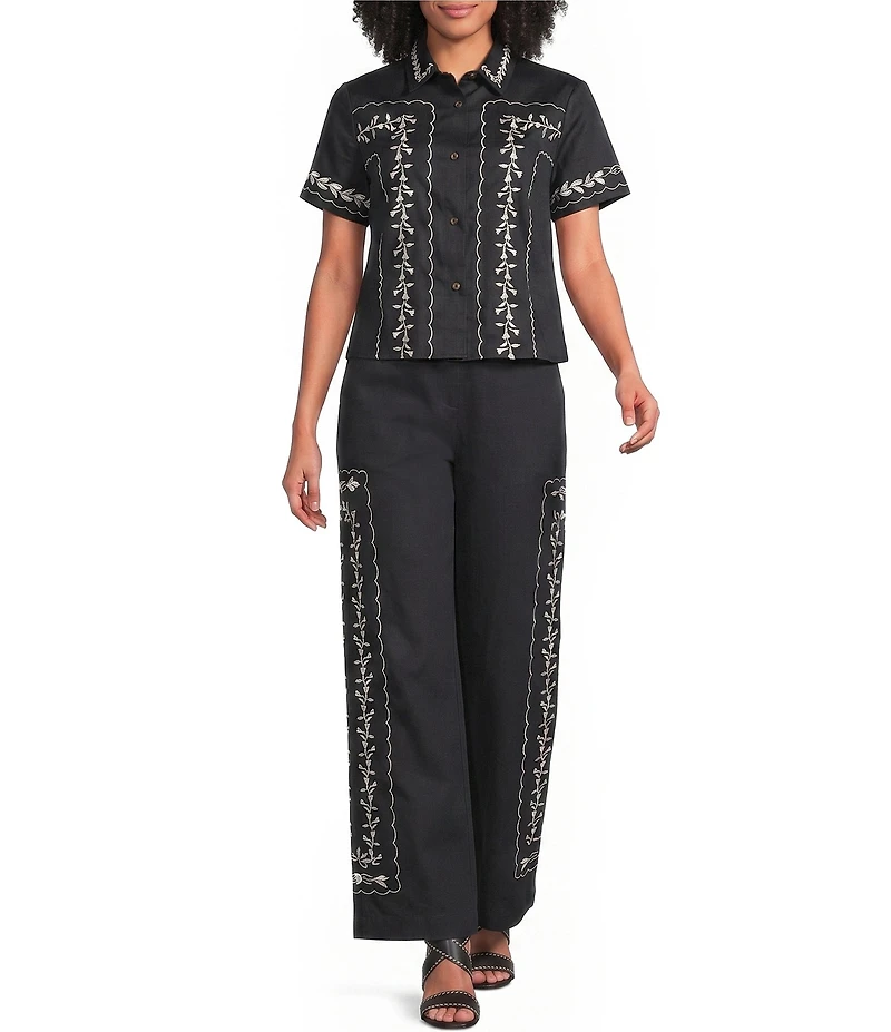 KARL LAGERFELD PARIS Woven Silky Crepe Point Collar Short Sleeve Belted Shirt
