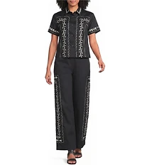 KARL LAGERFELD PARIS Woven Silky Crepe Point Collar Short Sleeve Belted Shirt