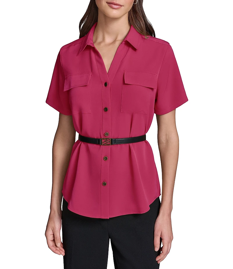 KARL LAGERFELD PARIS Woven Silky Crepe Spread Collar Short Sleeve Belted Shirt