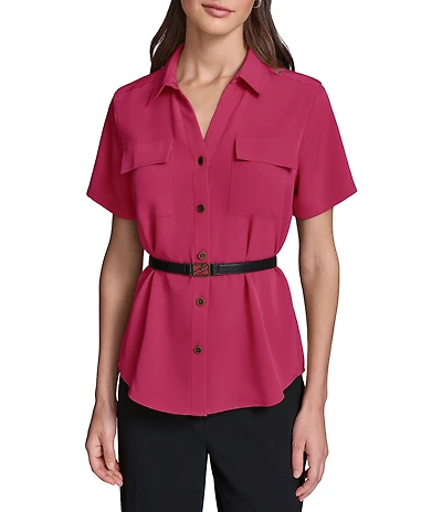 KARL LAGERFELD PARIS Woven Silky Crepe Spread Collar Short Sleeve Belted Shirt