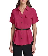 KARL LAGERFELD PARIS Woven Silky Crepe Spread Collar Short Sleeve Belted Shirt