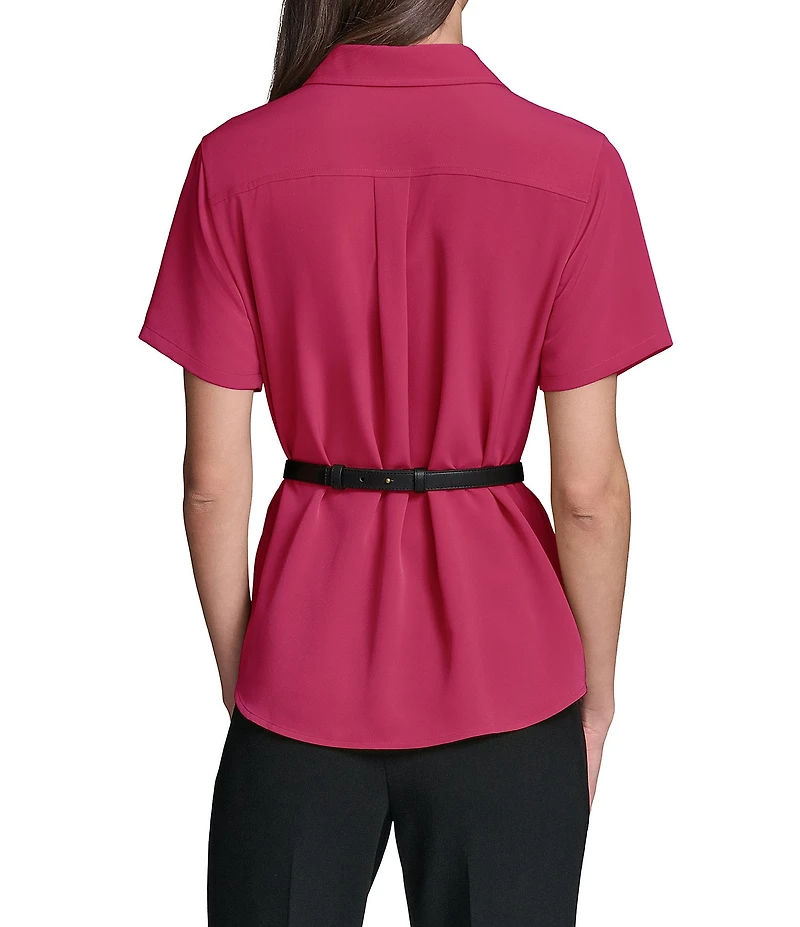 KARL LAGERFELD PARIS Woven Silky Crepe Spread Collar Short Sleeve Belted Shirt