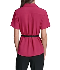 KARL LAGERFELD PARIS Woven Silky Crepe Spread Collar Short Sleeve Belted Shirt