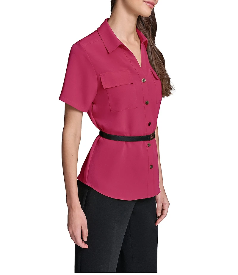 KARL LAGERFELD PARIS Woven Silky Crepe Spread Collar Short Sleeve Belted Shirt