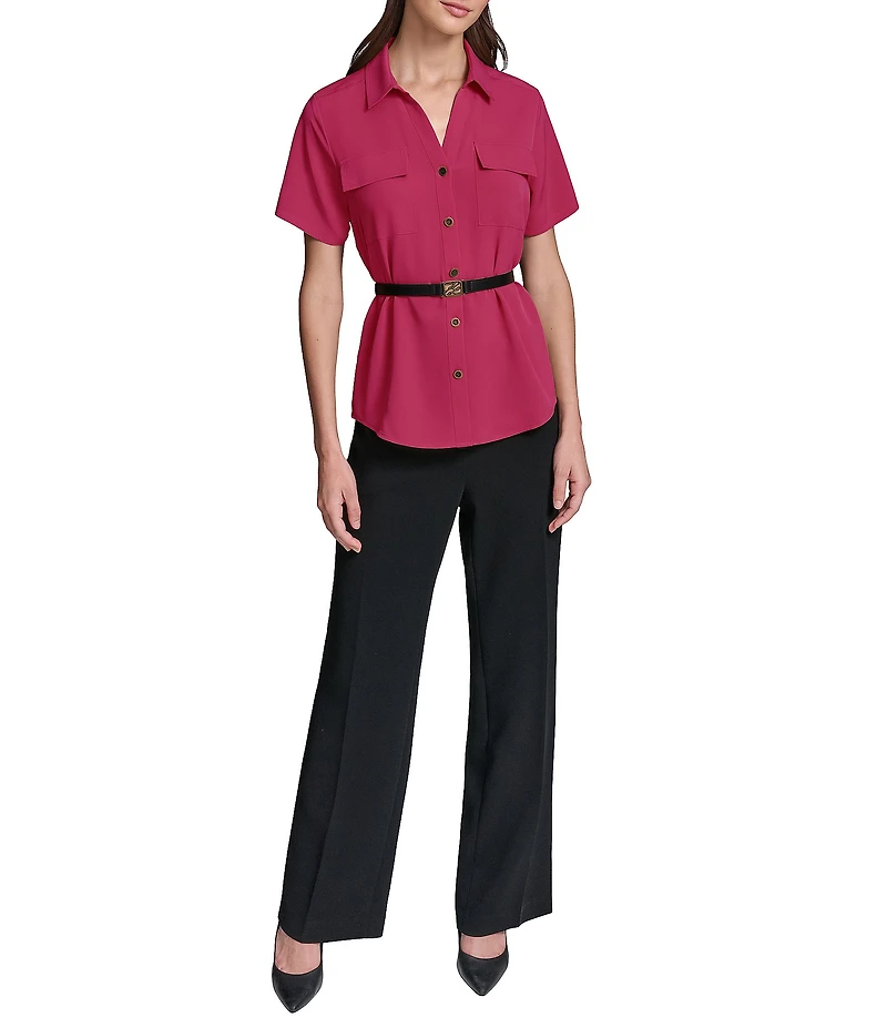 KARL LAGERFELD PARIS Woven Silky Crepe Spread Collar Short Sleeve Belted Shirt